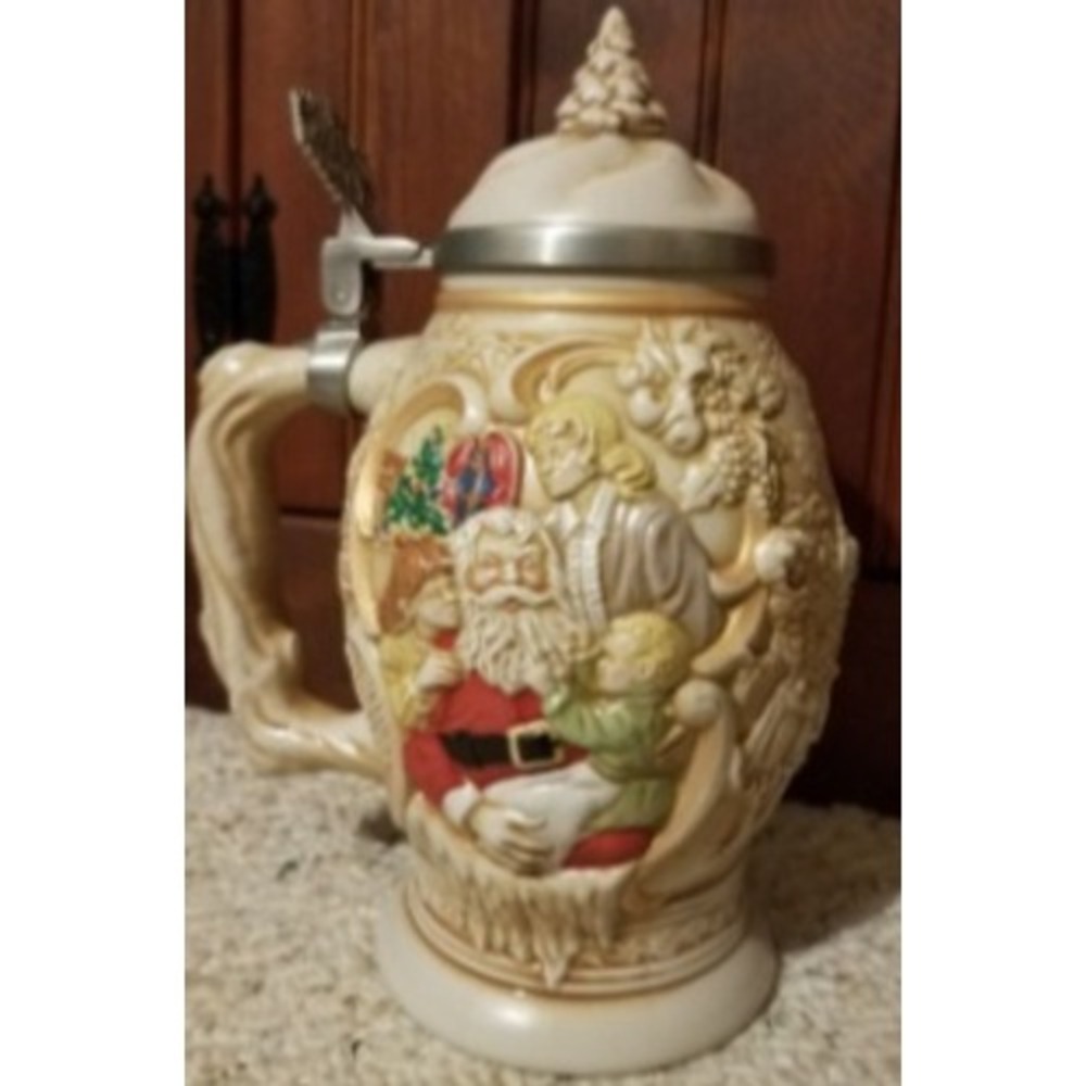 Vintage 1994 Avon Father Christmas Stein Handcrafted Brazil Ceramic Lidded Mug